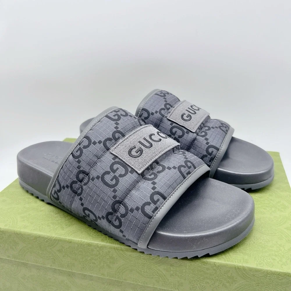 GUCCI Mens GG LOGO Ripstop Monogram Gray Slides Sandals 771466 Men UK 12 US 12.5